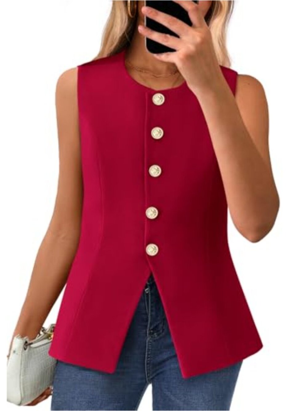 Sleeveless Blazer Vest for Women Dressy Button Down Round Neck Business Casual